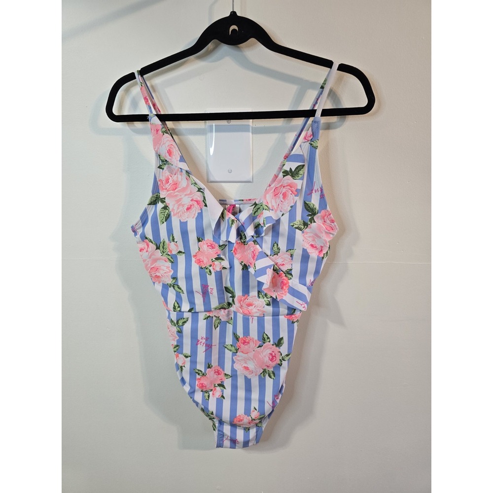 Betsey Johnson One Piece‎ Swimsuit L Cottagecore Pinup Floral Striped Ruffle